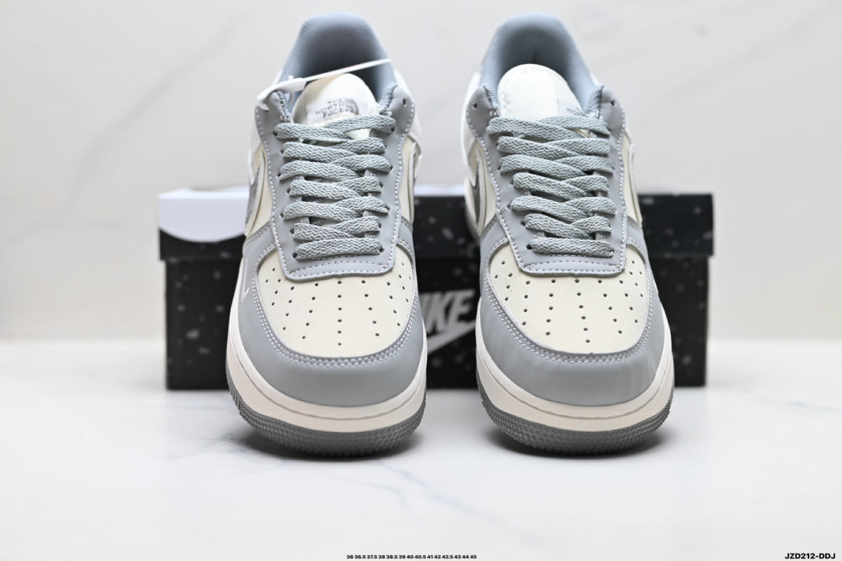 Nike Air Force 1 ’07 Low Grey & White Sneakers with Patterned Swoosh, Mini Swoosh Retro Lace-Up Casual Shoes