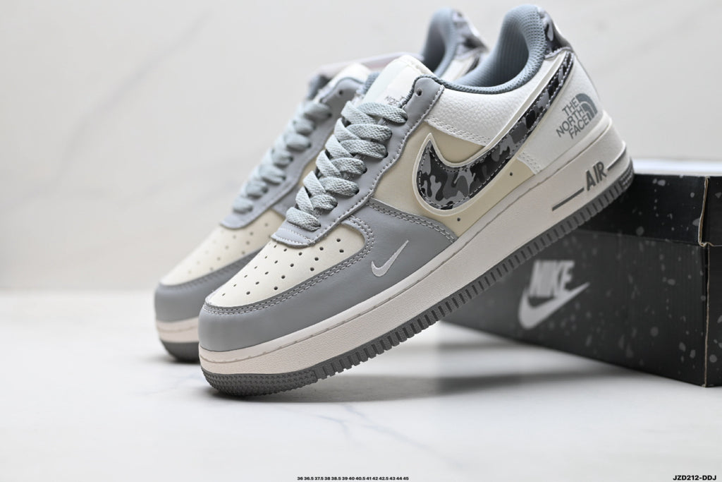 Nike Air Force 1 ’07 Low Grey & White Sneakers with Patterned Swoosh, Mini Swoosh Retro Lace-Up Casual Shoes