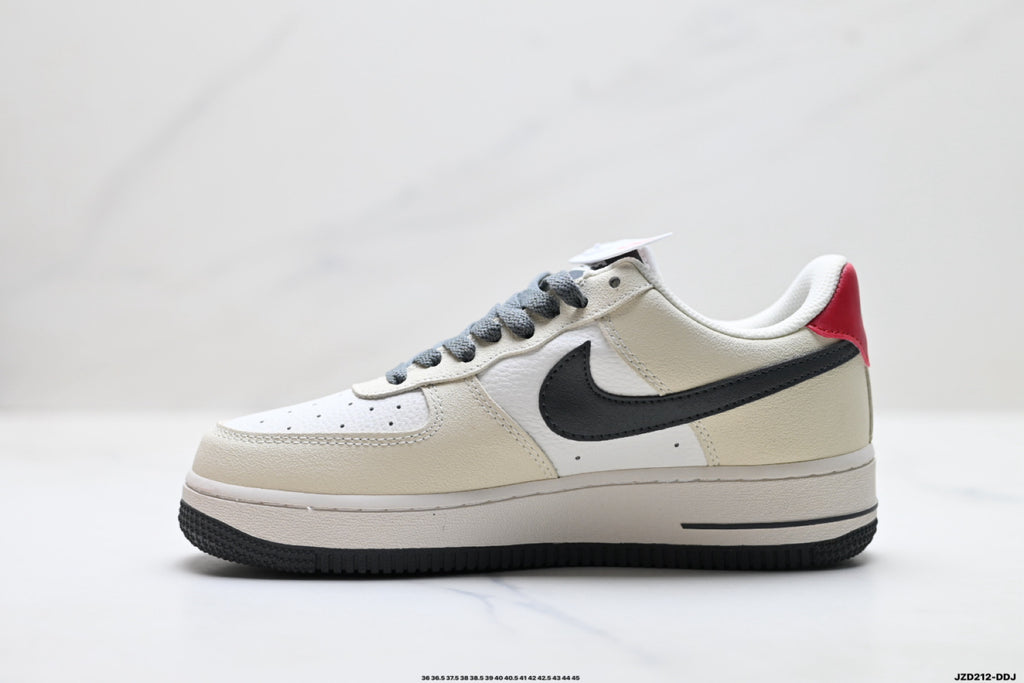 Nike Air Force 1 ’07 Low Cream White & Black Sneakers with Red Heel Accent, Retro Lace-Up Casual Streetwear Shoes