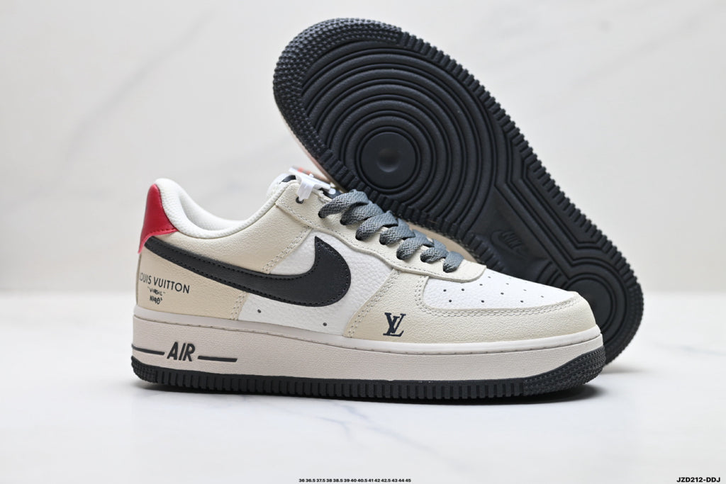 Nike Air Force 1 ’07 Low Cream White & Black Sneakers with Red Heel Accent, Retro Lace-Up Casual Streetwear Shoes