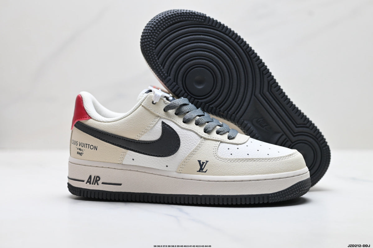 Nike Air Force 1 ’07 Low Cream White & Black Sneakers with Red Heel Accent, Retro Lace-Up Casual Streetwear Shoes