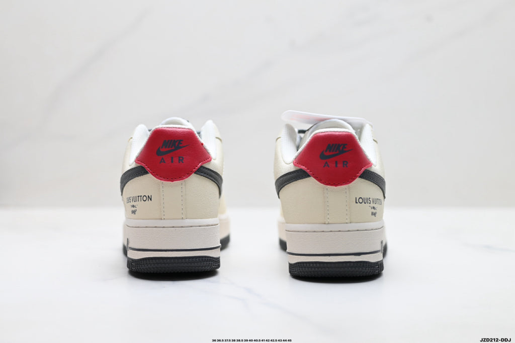 Nike Air Force 1 ’07 Low Cream White & Black Sneakers with Red Heel Accent, Retro Lace-Up Casual Streetwear Shoes