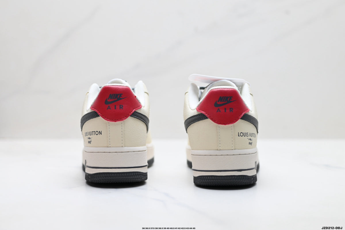 Nike Air Force 1 ’07 Low Cream White & Black Sneakers with Red Heel Accent, Retro Lace-Up Casual Streetwear Shoes