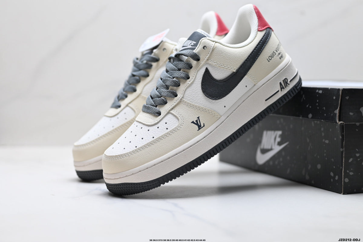 Nike Air Force 1 ’07 Low Cream White & Black Sneakers with Red Heel Accent, Retro Lace-Up Casual Streetwear Shoes