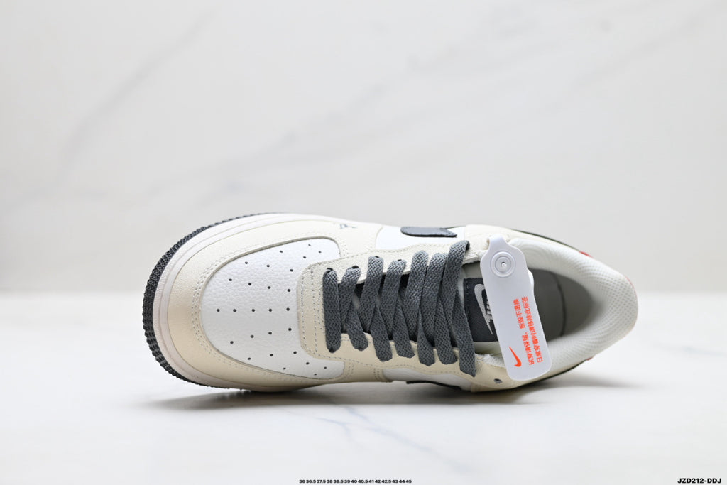 Nike Air Force 1 ’07 Low Cream White & Black Sneakers with Red Heel Accent, Retro Lace-Up Casual Streetwear Shoes