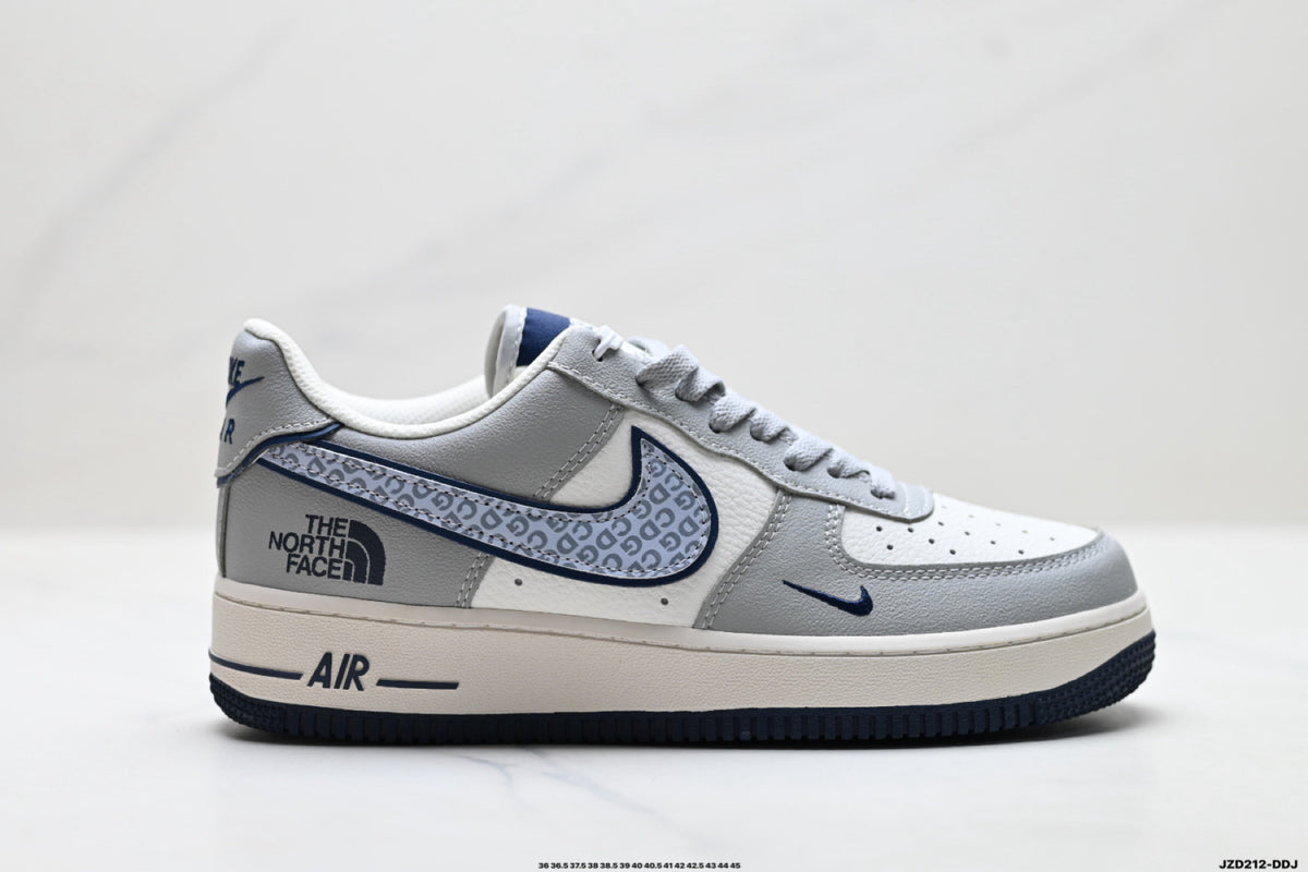 Nike Air Force 1 ’07 Low Grey & White Graphic Sneakers, Patterned Swoosh Low-Top Lace-Up Retro Casual Shoes