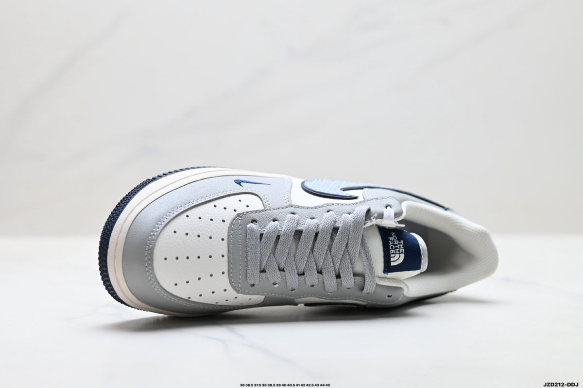 Nike Air Force 1 ’07 Low Grey & White Graphic Sneakers, Patterned Swoosh Low-Top Lace-Up Retro Casual Shoes