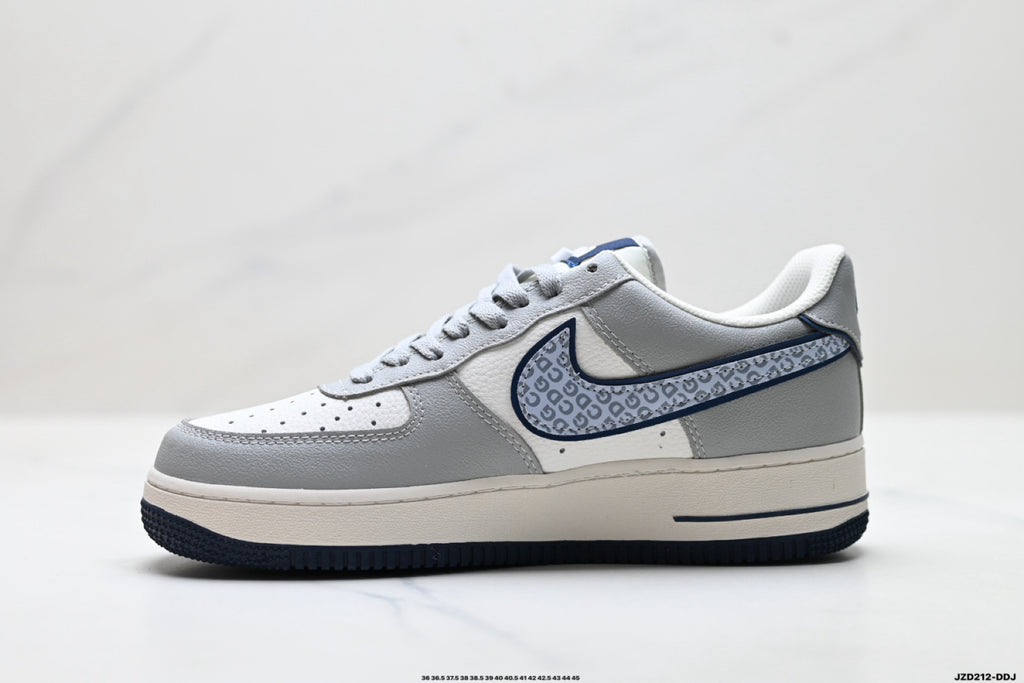 Nike Air Force 1 ’07 Low Grey & White Graphic Sneakers, Patterned Swoosh Low-Top Lace-Up Retro Casual Shoes