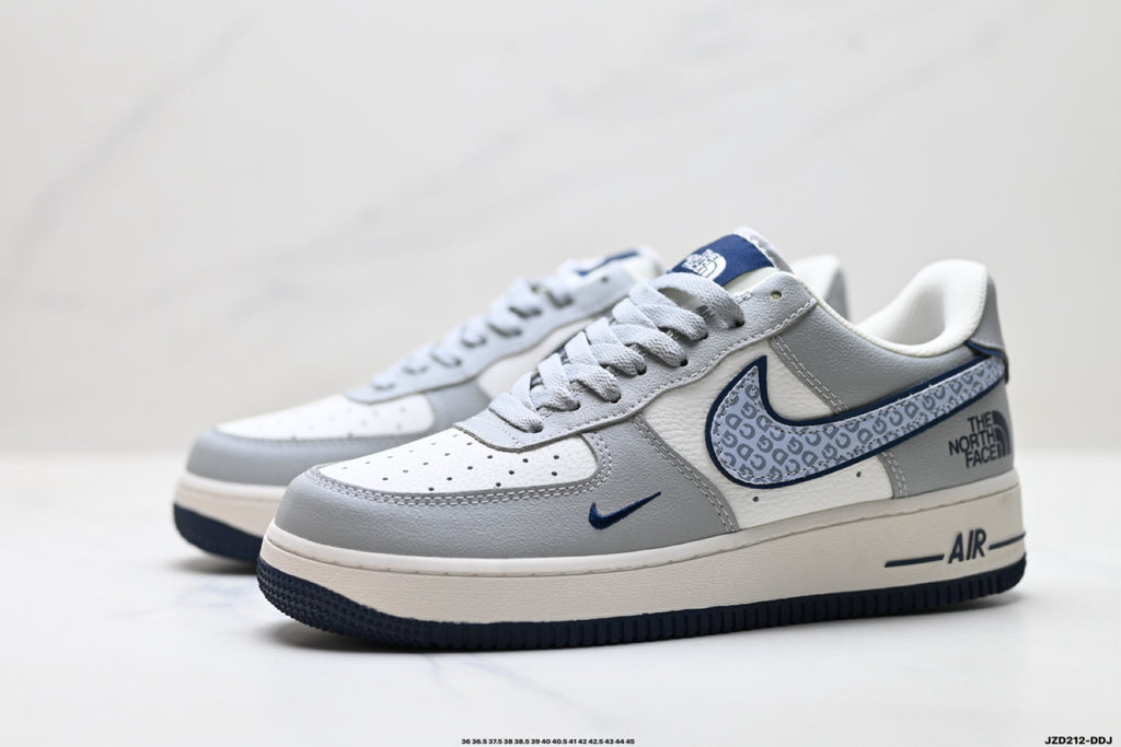 Nike Air Force 1 ’07 Low Grey & White Graphic Sneakers, Patterned Swoosh Low-Top Lace-Up Retro Casual Shoes