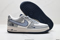 Nike Air Force 1 ’07 Low Grey & White Graphic Sneakers, Patterned Swoosh Low-Top Lace-Up Retro Casual Shoes