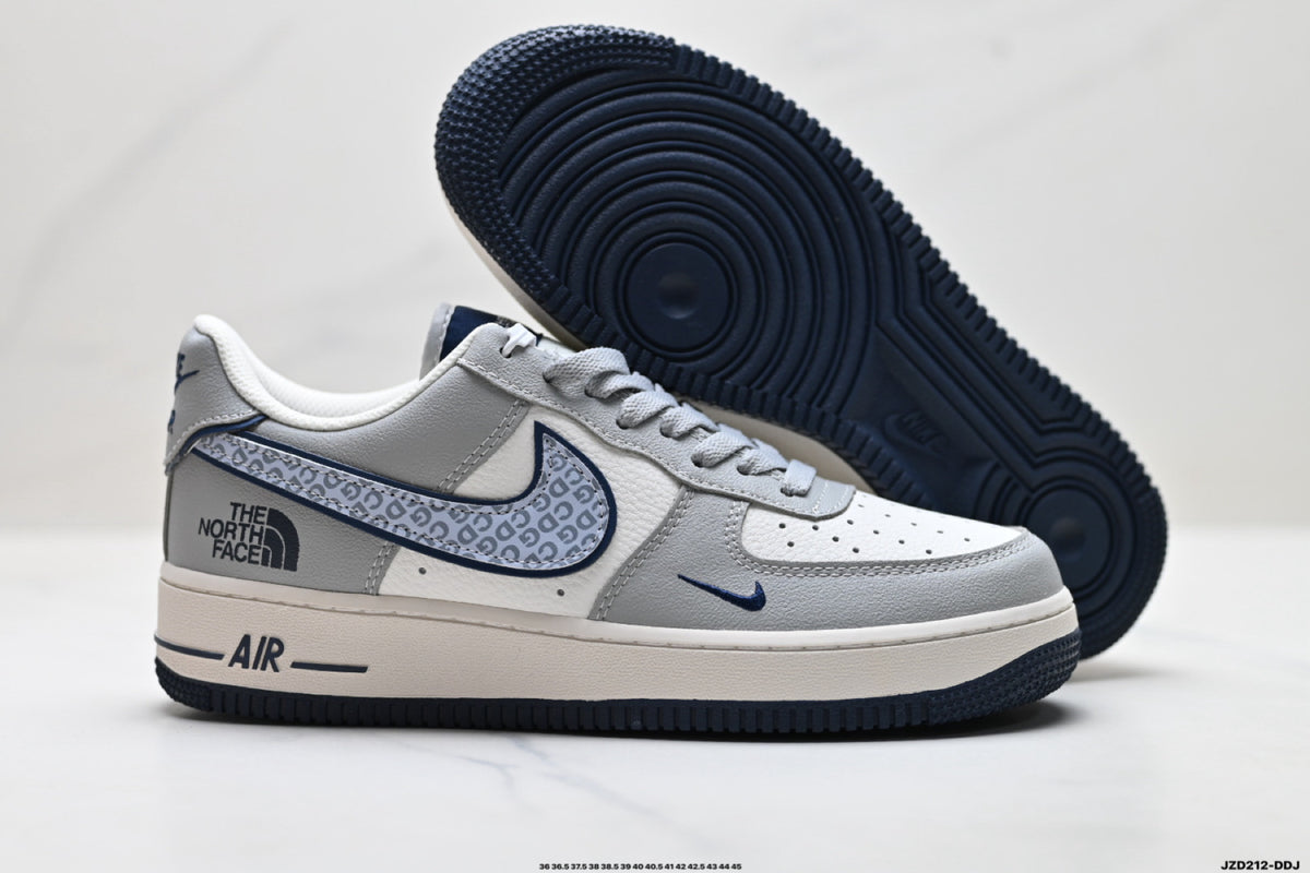 Nike Air Force 1 ’07 Low Grey & White Graphic Sneakers, Patterned Swoosh Low-Top Lace-Up Retro Casual Shoes