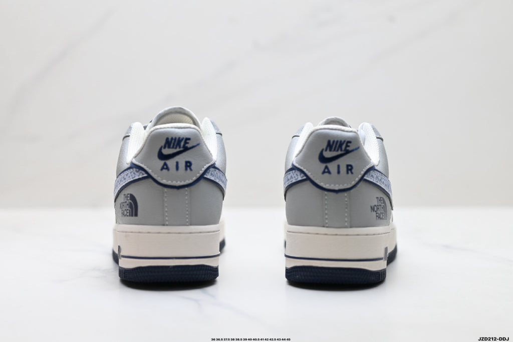 Nike Air Force 1 ’07 Low Grey & White Graphic Sneakers, Patterned Swoosh Low-Top Lace-Up Retro Casual Shoes