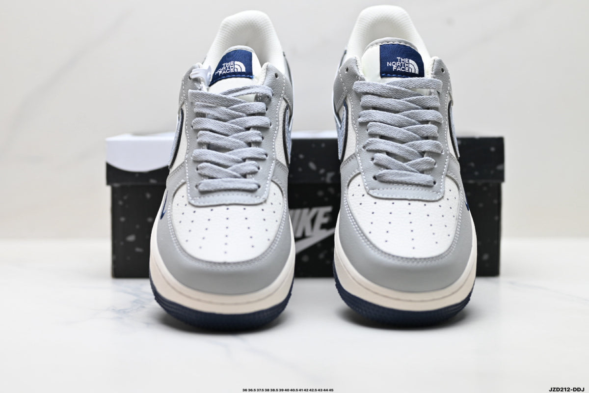Nike Air Force 1 ’07 Low Grey & White Graphic Sneakers, Patterned Swoosh Low-Top Lace-Up Retro Casual Shoes