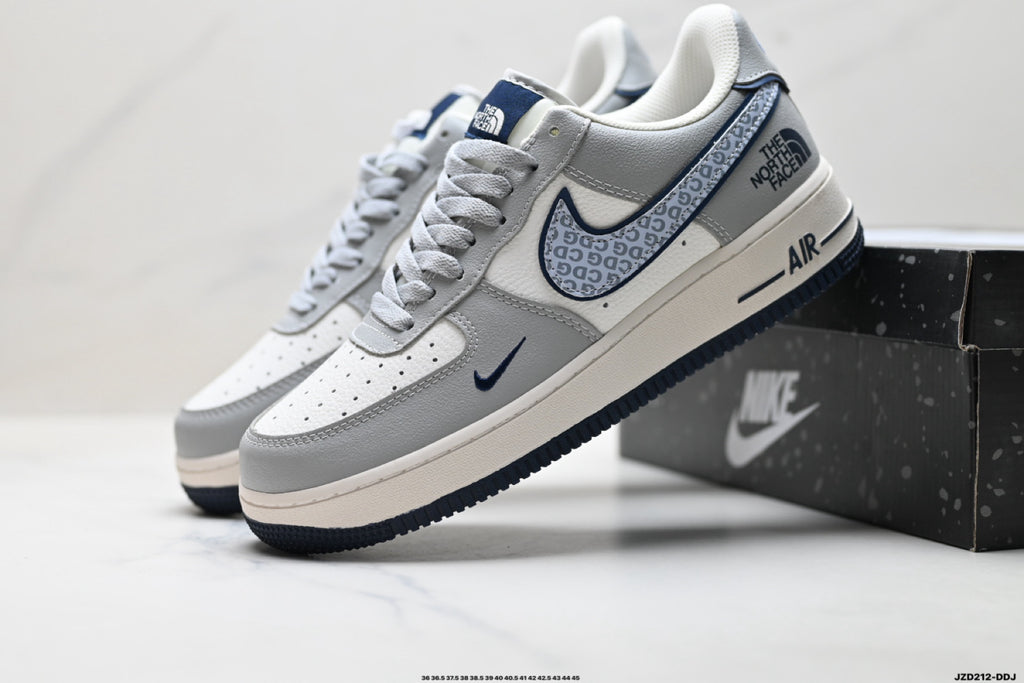 Nike Air Force 1 ’07 Low Grey & White Graphic Sneakers, Patterned Swoosh Low-Top Lace-Up Retro Casual Shoes