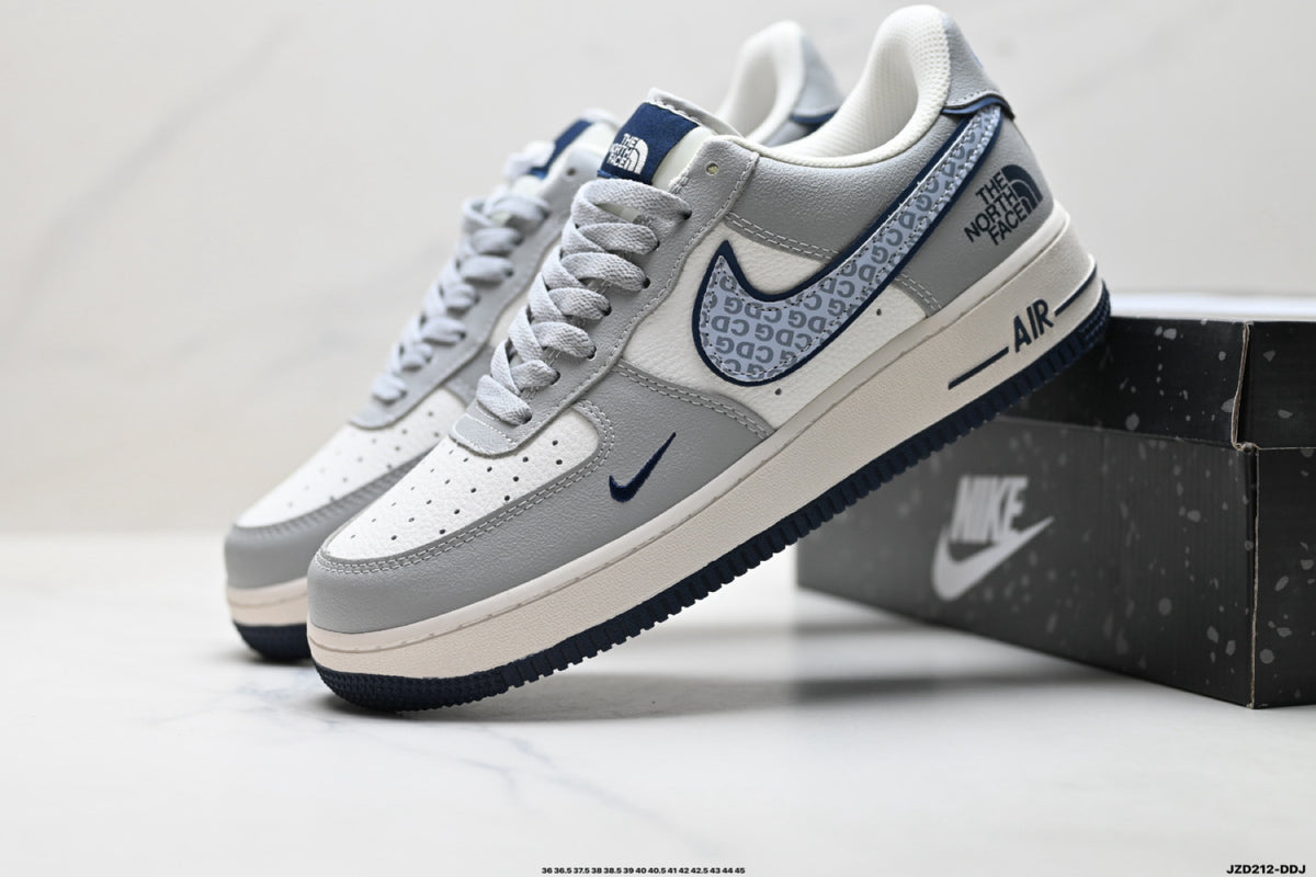 Nike Air Force 1 ’07 Low Grey & White Graphic Sneakers, Patterned Swoosh Low-Top Lace-Up Retro Casual Shoes