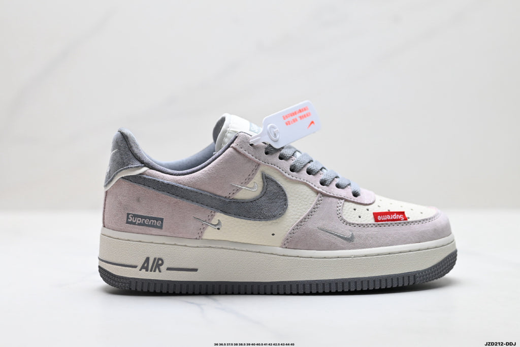 Nike Air Force 1 ’07 Low Grey & White Sneakers with Red Accents, Contrast Swoosh Retro Lace-Up Casual Streetwear Shoes