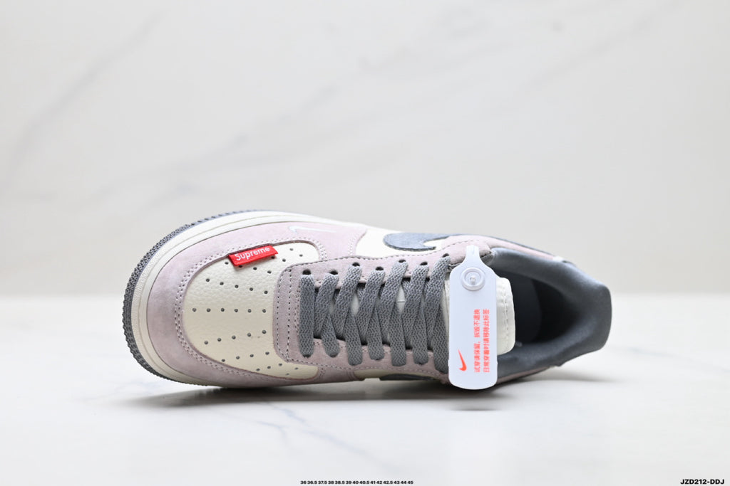 Nike Air Force 1 ’07 Low Grey & White Sneakers with Red Accents, Contrast Swoosh Retro Lace-Up Casual Streetwear Shoes
