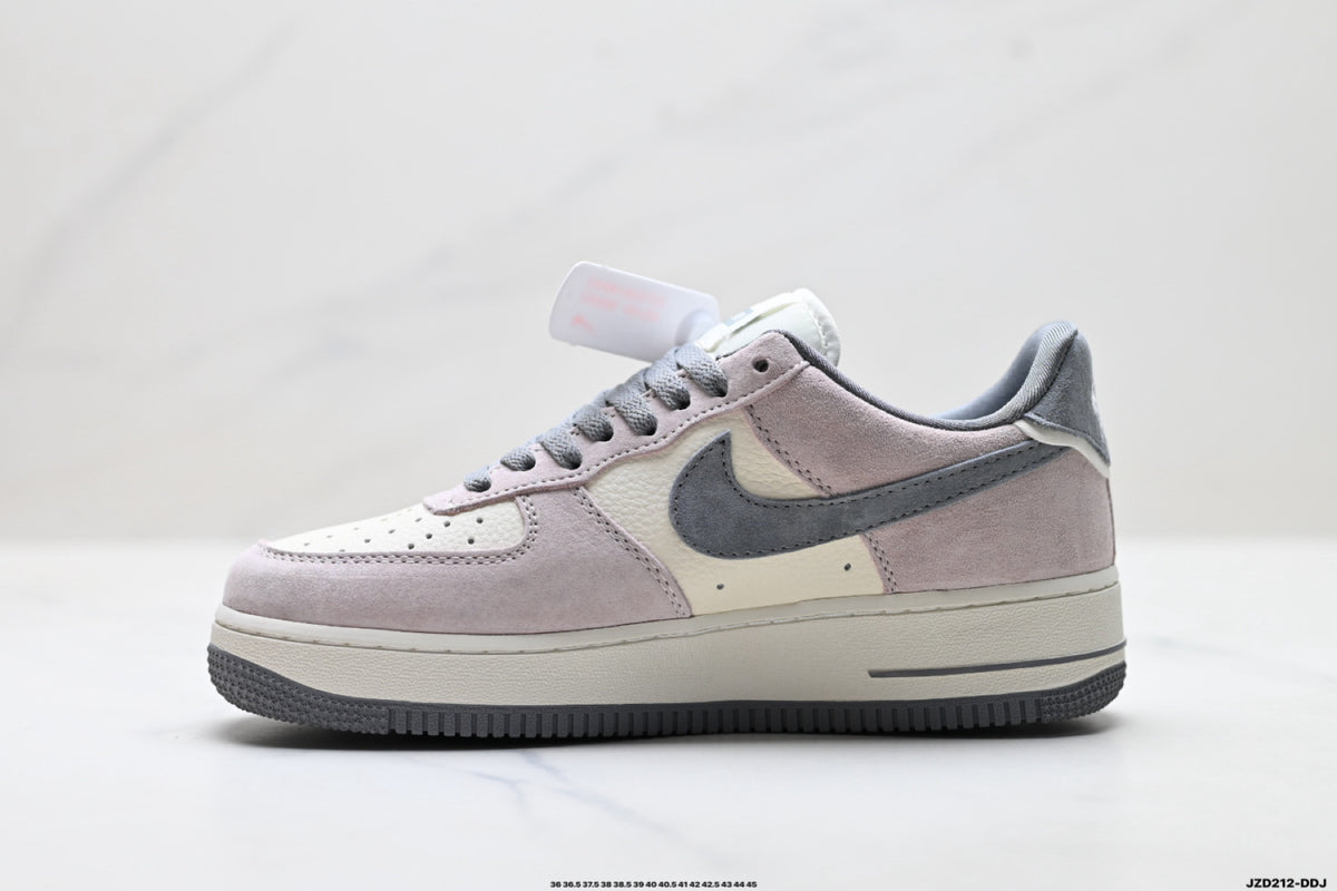 Nike Air Force 1 ’07 Low Grey & White Sneakers with Red Accents, Contrast Swoosh Retro Lace-Up Casual Streetwear Shoes