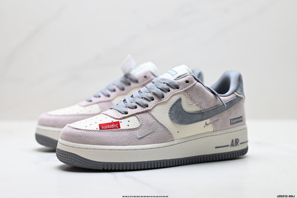 Nike Air Force 1 ’07 Low Grey & White Sneakers with Red Accents, Contrast Swoosh Retro Lace-Up Casual Streetwear Shoes