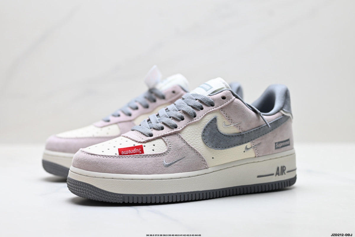 Nike Air Force 1 ’07 Low Grey & White Sneakers with Red Accents, Contrast Swoosh Retro Lace-Up Casual Streetwear Shoes