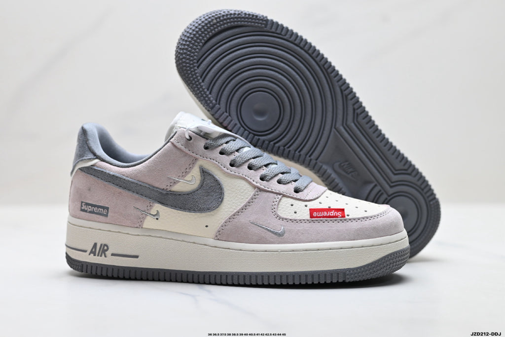 Nike Air Force 1 ’07 Low Grey & White Sneakers with Red Accents, Contrast Swoosh Retro Lace-Up Casual Streetwear Shoes