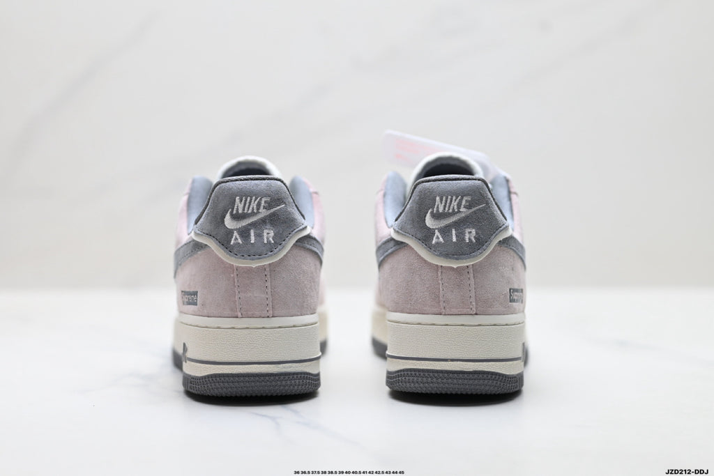 Nike Air Force 1 ’07 Low Grey & White Sneakers with Red Accents, Contrast Swoosh Retro Lace-Up Casual Streetwear Shoes