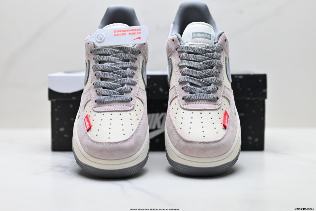 Nike Air Force 1 ’07 Low Grey & White Sneakers with Red Accents, Contrast Swoosh Retro Lace-Up Casual Streetwear Shoes