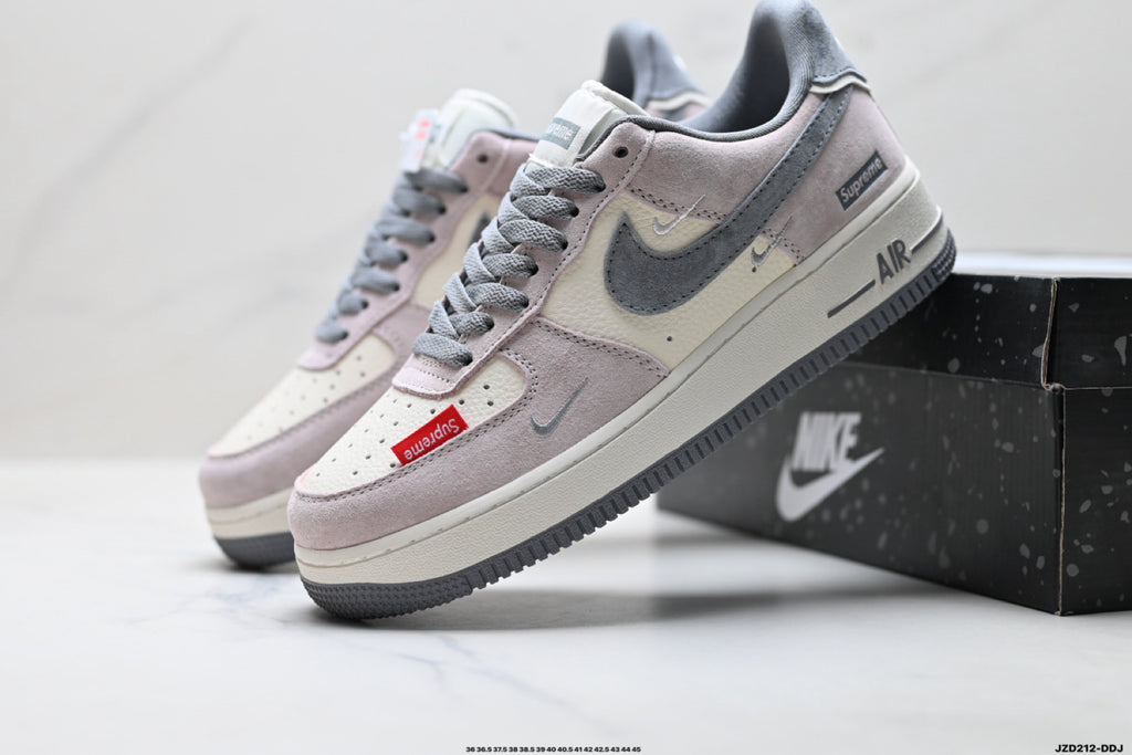 Nike Air Force 1 ’07 Low Grey & White Sneakers with Red Accents, Contrast Swoosh Retro Lace-Up Casual Streetwear Shoes