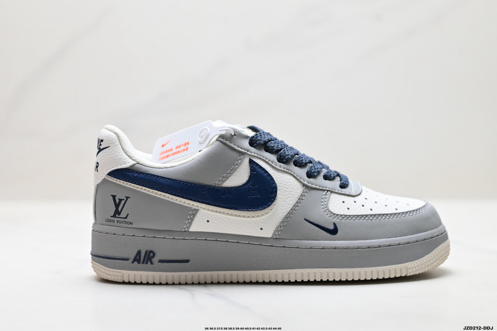 Nike Air Force 1 ’07 Low Grey White & Navy Sneakers with Mini Swoosh, Retro Lace-Up Casual Streetwear Shoes
