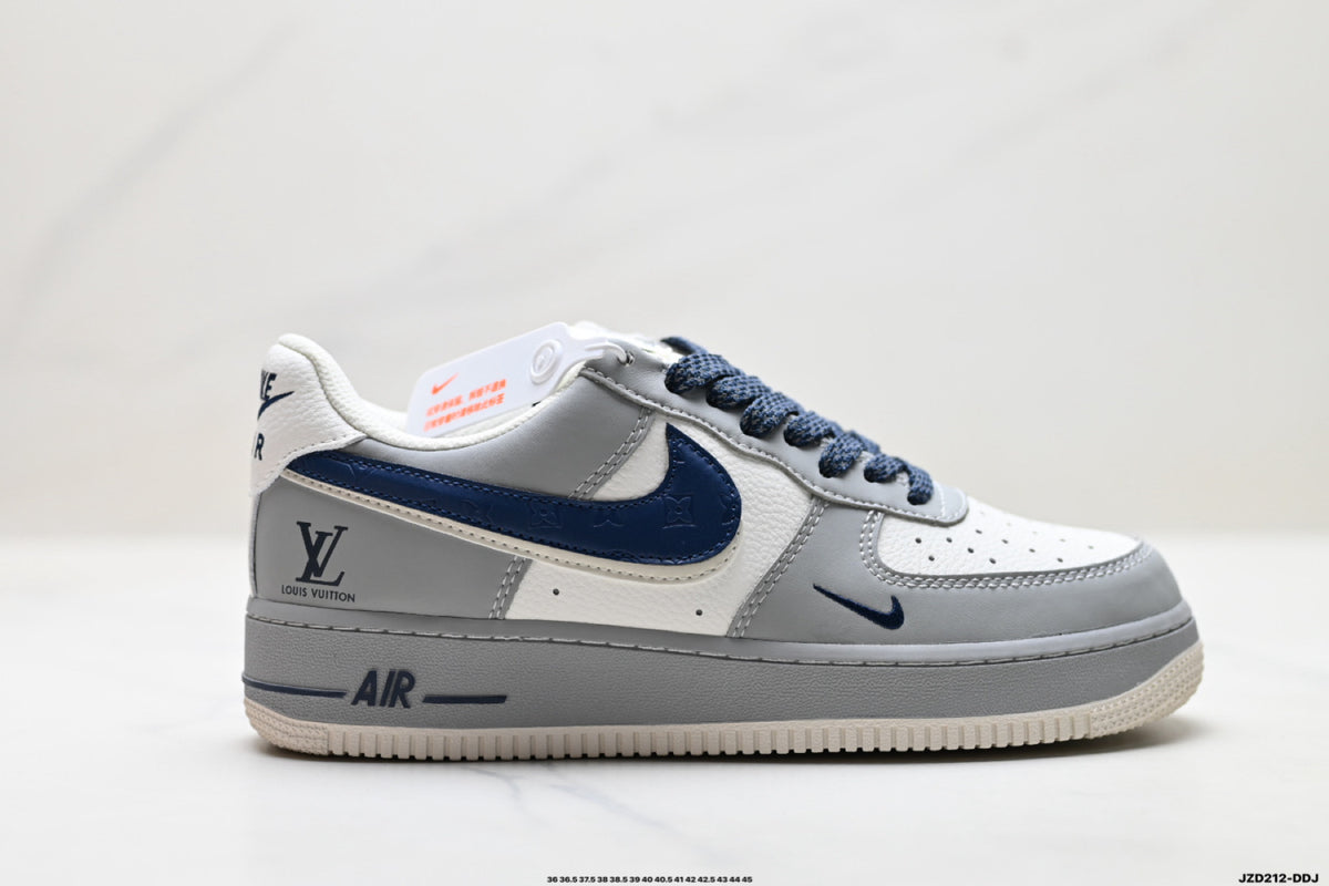 Nike Air Force 1 ’07 Low Grey White & Navy Sneakers with Mini Swoosh, Retro Lace-Up Casual Streetwear Shoes