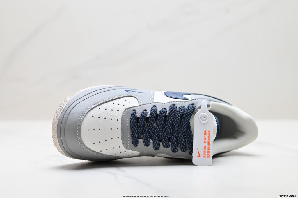 Nike Air Force 1 ’07 Low Grey White & Navy Sneakers with Mini Swoosh, Retro Lace-Up Casual Streetwear Shoes