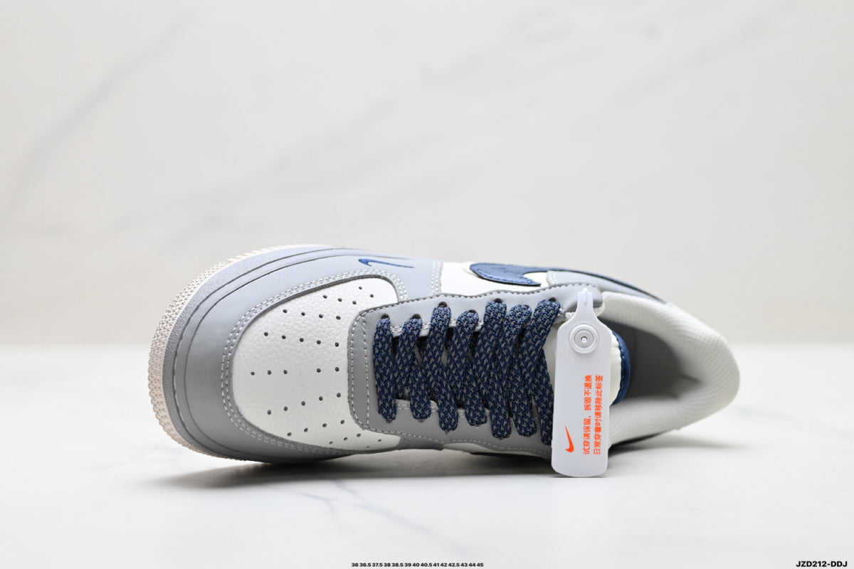 Nike Air Force 1 ’07 Low Grey White & Navy Sneakers with Mini Swoosh, Retro Lace-Up Casual Streetwear Shoes