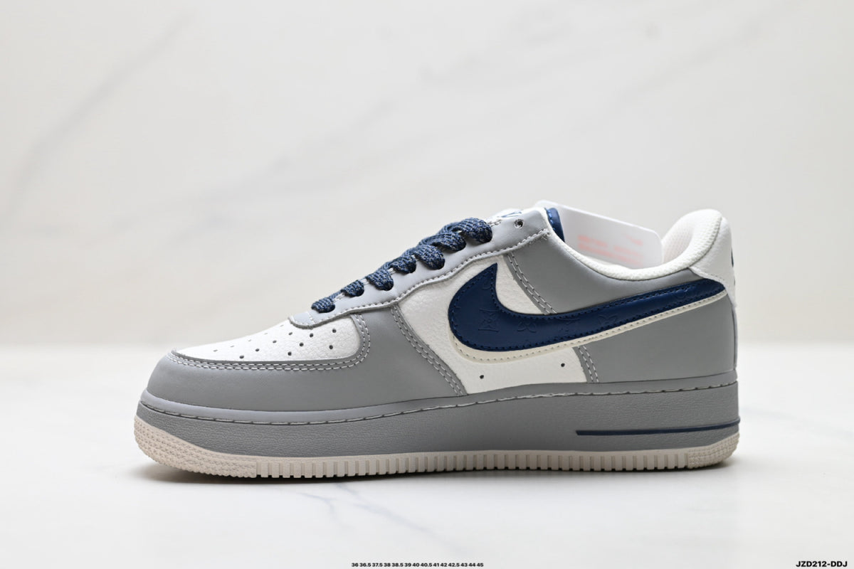 Nike Air Force 1 ’07 Low Grey White & Navy Sneakers with Mini Swoosh, Retro Lace-Up Casual Streetwear Shoes