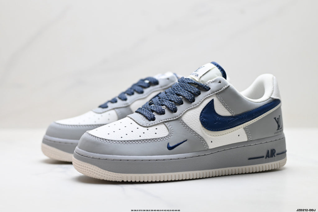 Nike Air Force 1 ’07 Low Grey White & Navy Sneakers with Mini Swoosh, Retro Lace-Up Casual Streetwear Shoes