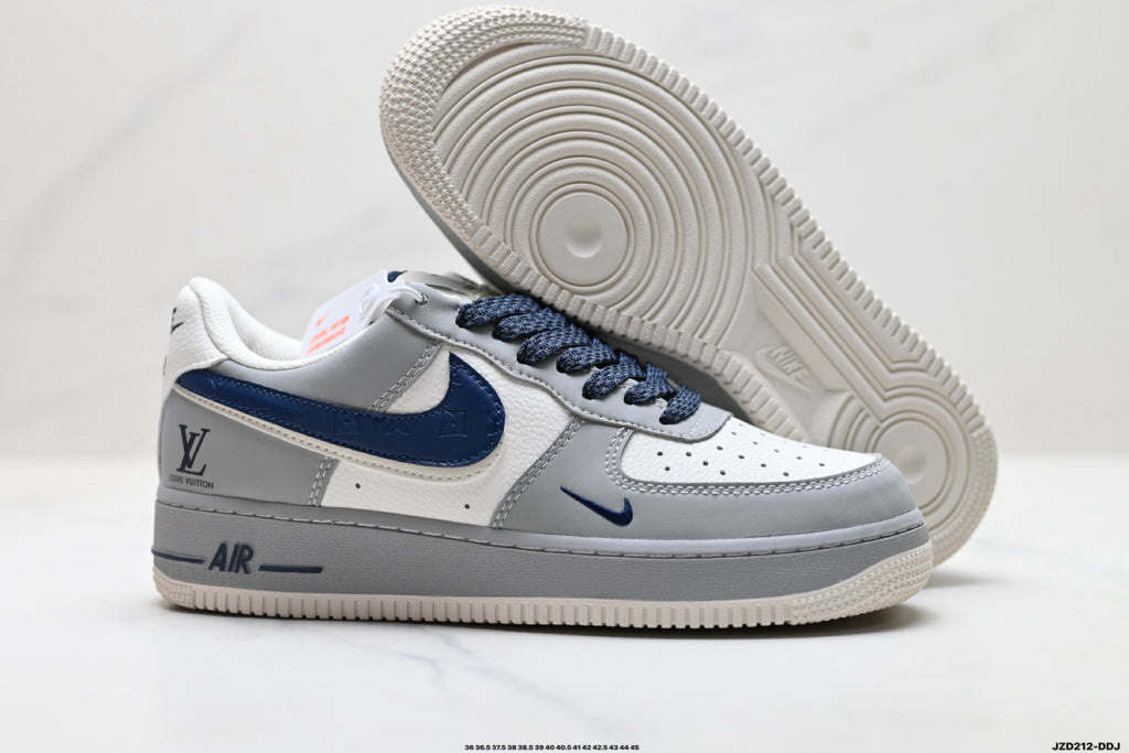 Nike Air Force 1 ’07 Low Grey White & Navy Sneakers with Mini Swoosh, Retro Lace-Up Casual Streetwear Shoes