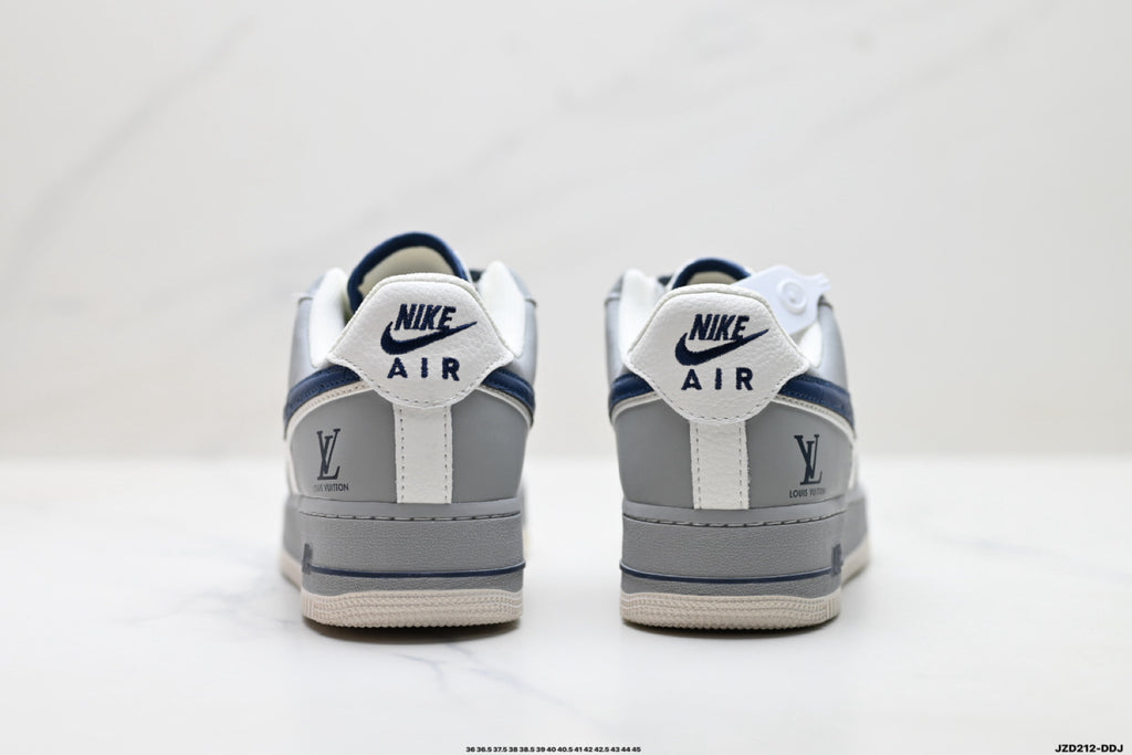 Nike Air Force 1 ’07 Low Grey White & Navy Sneakers with Mini Swoosh, Retro Lace-Up Casual Streetwear Shoes