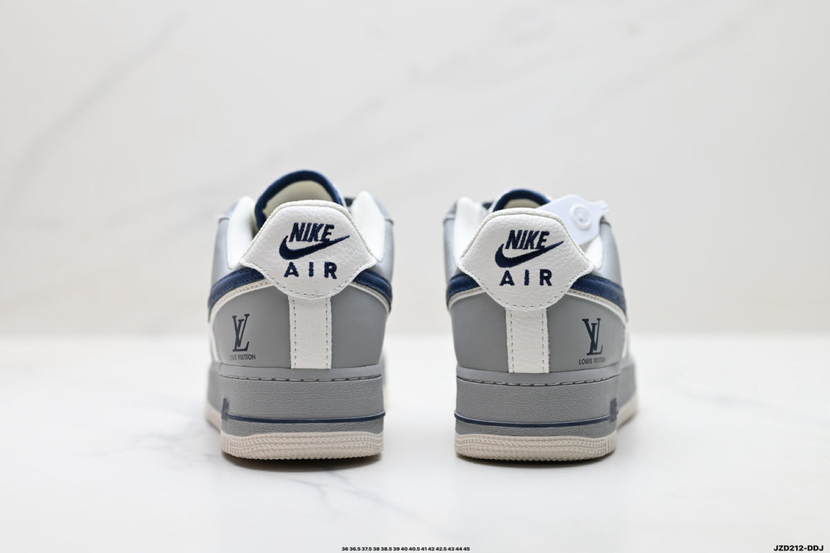 Nike Air Force 1 ’07 Low Grey White & Navy Sneakers with Mini Swoosh, Retro Lace-Up Casual Streetwear Shoes