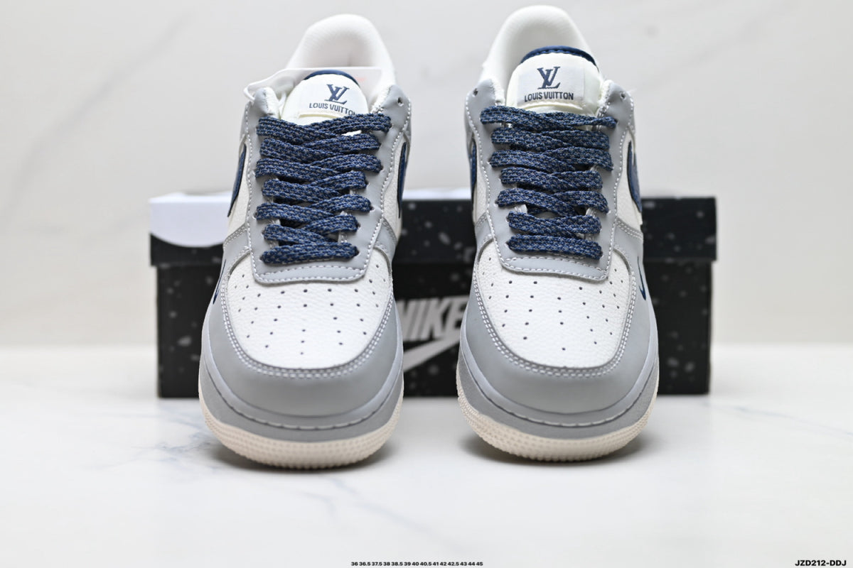 Nike Air Force 1 ’07 Low Grey White & Navy Sneakers with Mini Swoosh, Retro Lace-Up Casual Streetwear Shoes