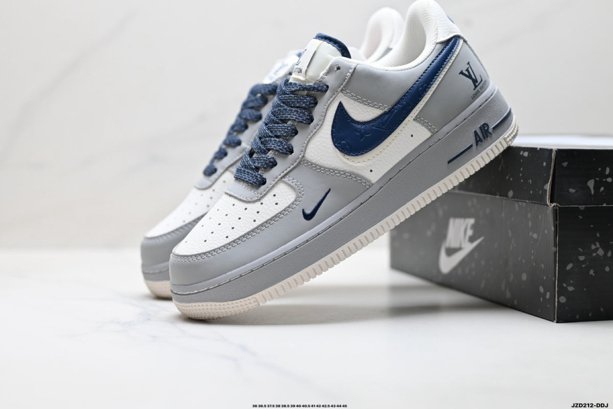 Nike Air Force 1 ’07 Low Grey White & Navy Sneakers with Mini Swoosh, Retro Lace-Up Casual Streetwear Shoes