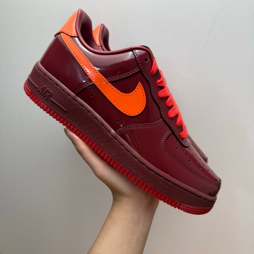 Nike Air Force 1 Patent Pack Men’s Burgundy & Orange Sneakers, Glossy Low-Top Lace-Up Casual Streetwear Shoes