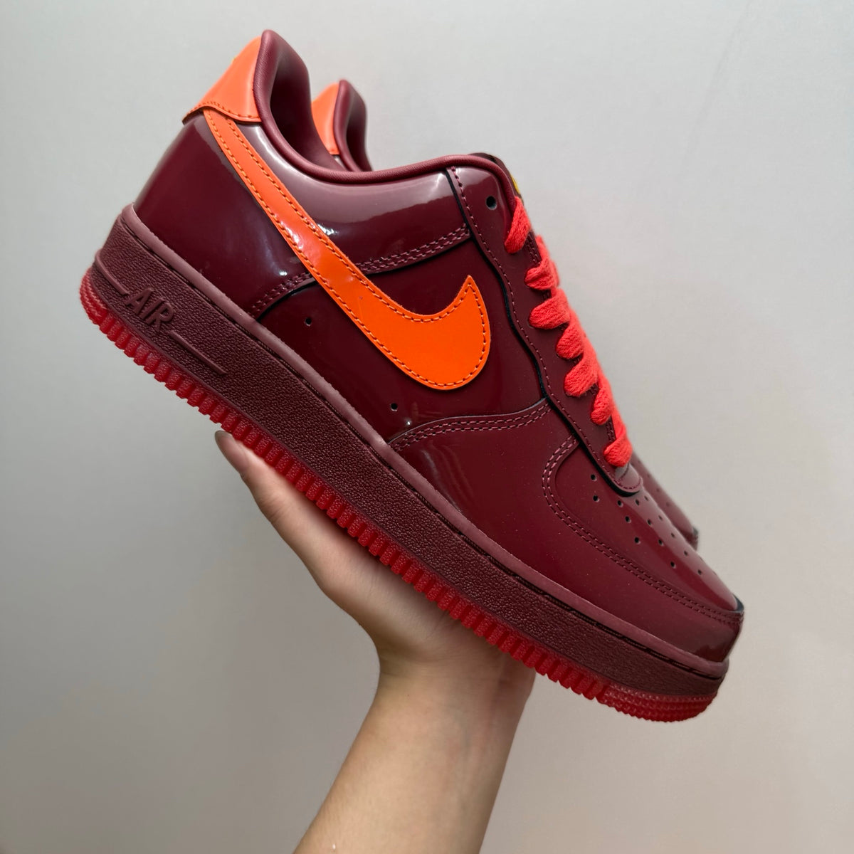 Nike Air Force 1 Patent Pack Men’s Burgundy & Orange Sneakers, Glossy Low-Top Lace-Up Casual Streetwear Shoes