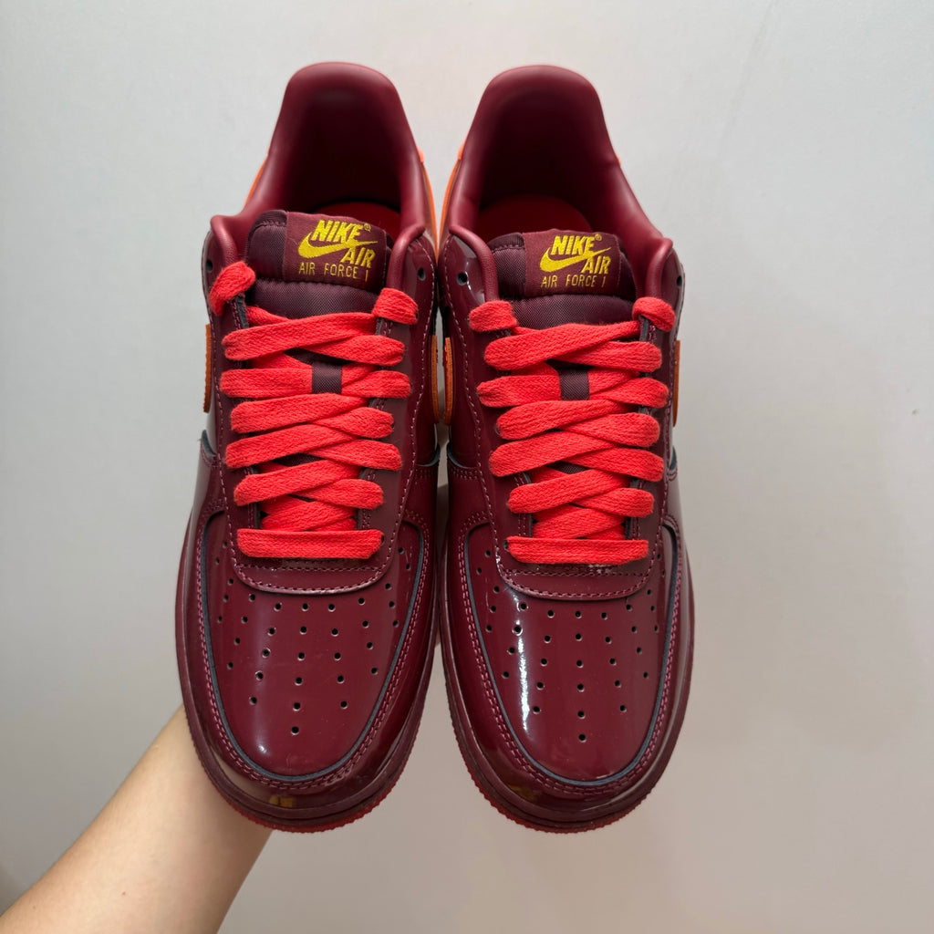Nike Air Force 1 Patent Pack Men’s Burgundy & Orange Sneakers, Glossy Low-Top Lace-Up Casual Streetwear Shoes