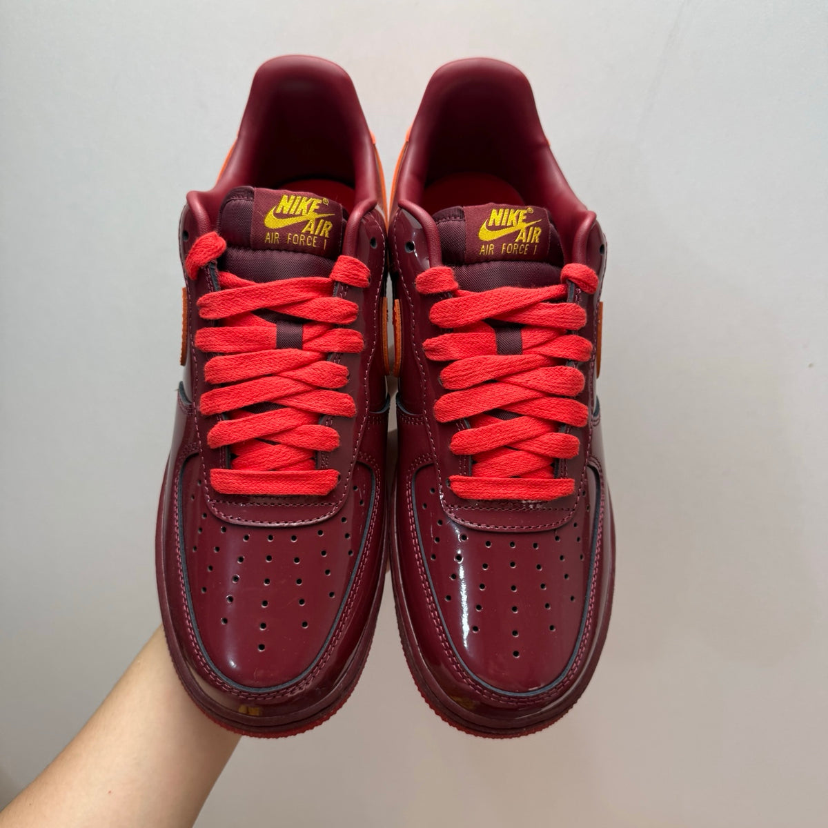 Nike Air Force 1 Patent Pack Men’s Burgundy & Orange Sneakers, Glossy Low-Top Lace-Up Casual Streetwear Shoes