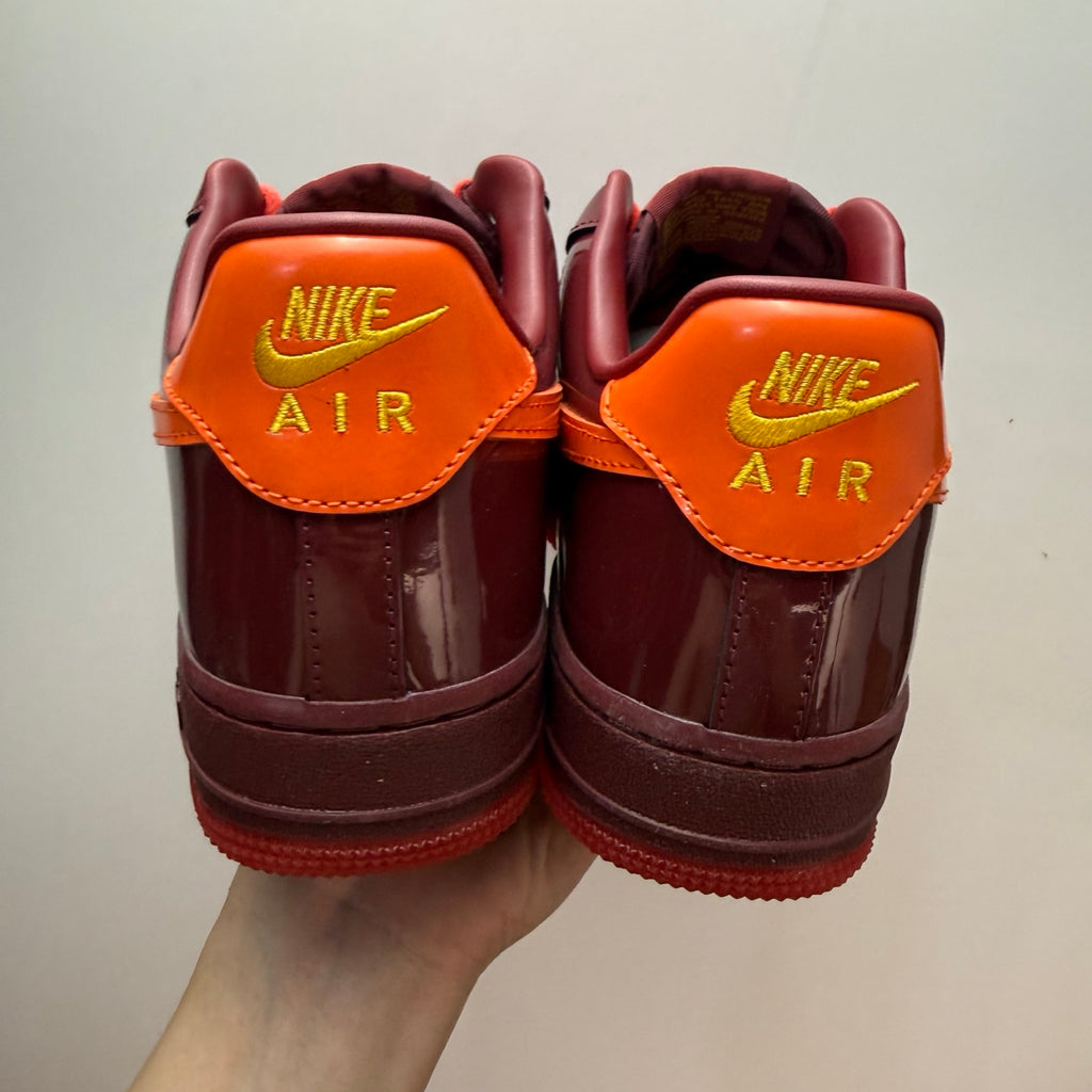 Nike Air Force 1 Patent Pack Men’s Burgundy & Orange Sneakers, Glossy Low-Top Lace-Up Casual Streetwear Shoes