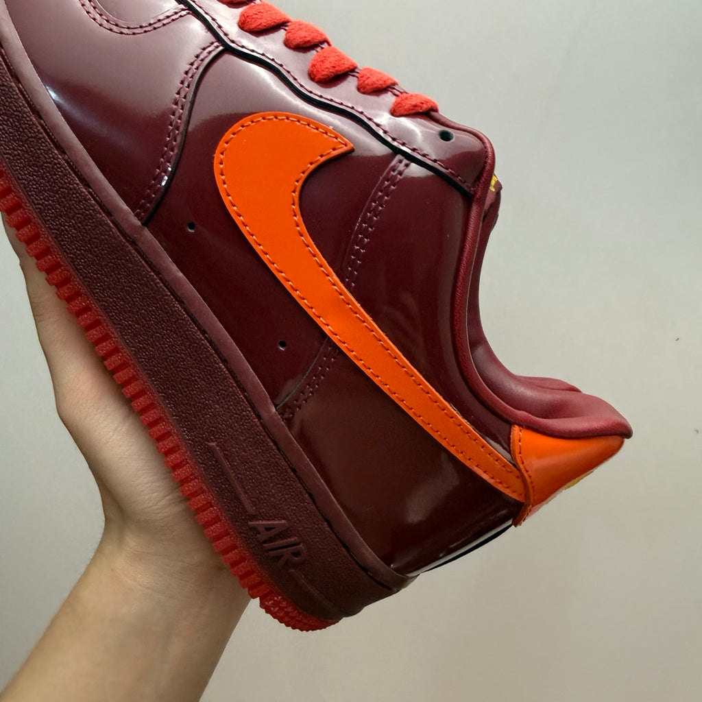 Nike Air Force 1 Patent Pack Men’s Burgundy & Orange Sneakers, Glossy Low-Top Lace-Up Casual Streetwear Shoes