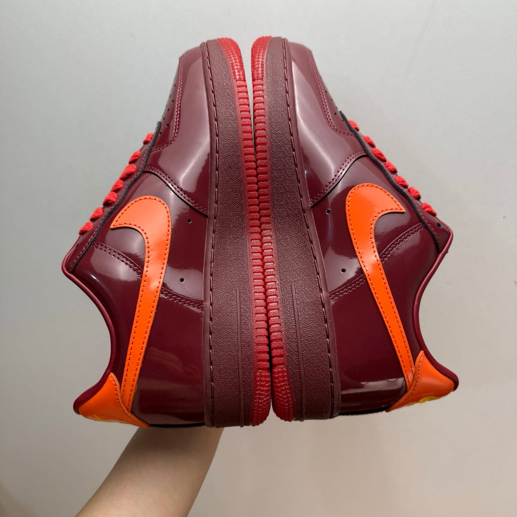 Nike Air Force 1 Patent Pack Men’s Burgundy & Orange Sneakers, Glossy Low-Top Lace-Up Casual Streetwear Shoes