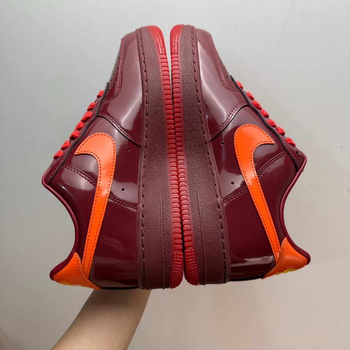 Nike Air Force 1 Patent Pack Men’s Burgundy & Orange Sneakers, Glossy Low-Top Lace-Up Casual Streetwear Shoes