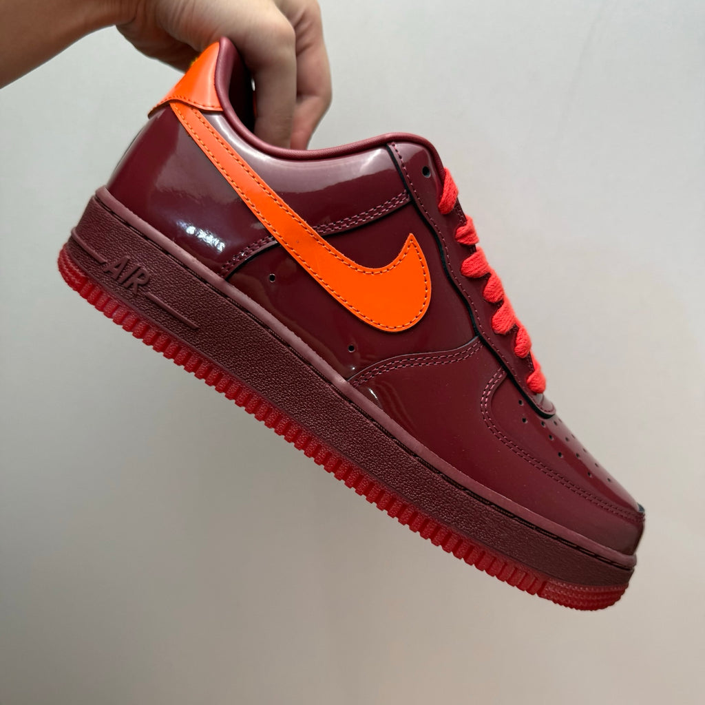 Nike Air Force 1 Patent Pack Men’s Burgundy & Orange Sneakers, Glossy Low-Top Lace-Up Casual Streetwear Shoes